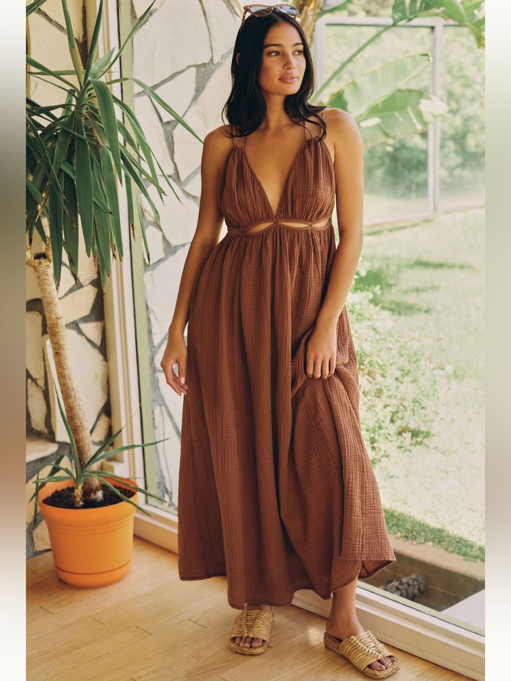 Anthropologie Brown Maxi Dress with Cutout XL